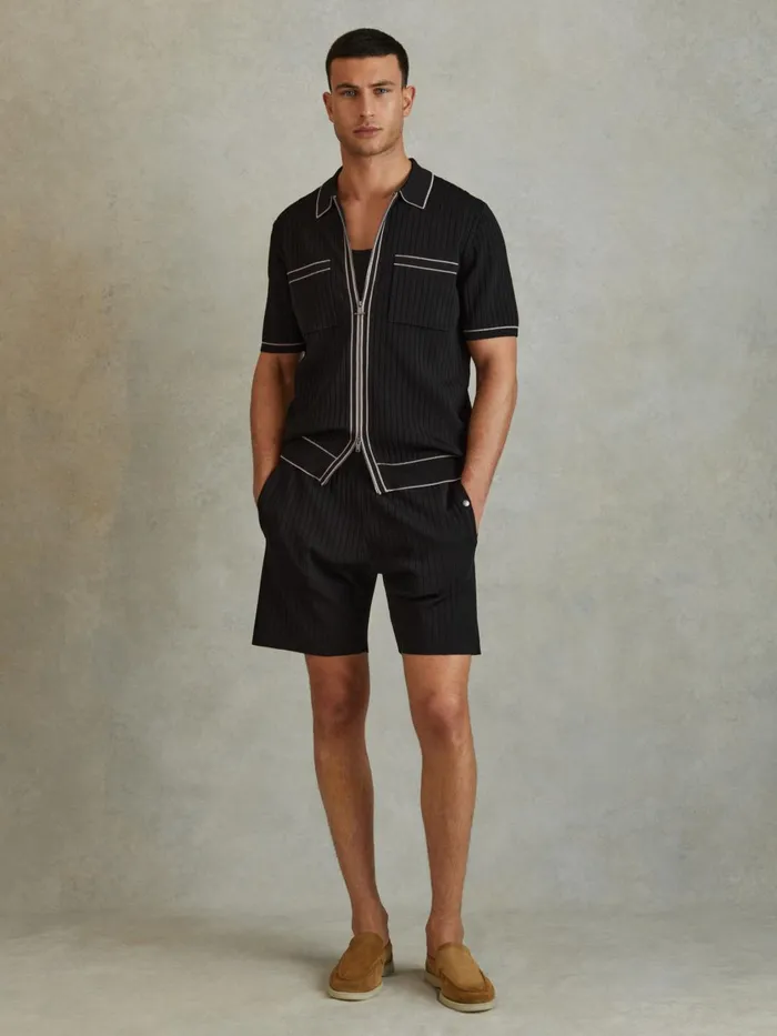 Men Reiss Shirts Christophe Ribbed Dual ZipFront Shirt Black
