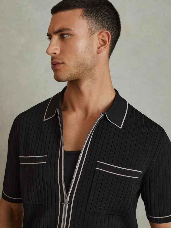 Men Reiss Shirts Christophe Ribbed Dual ZipFront Shirt Black