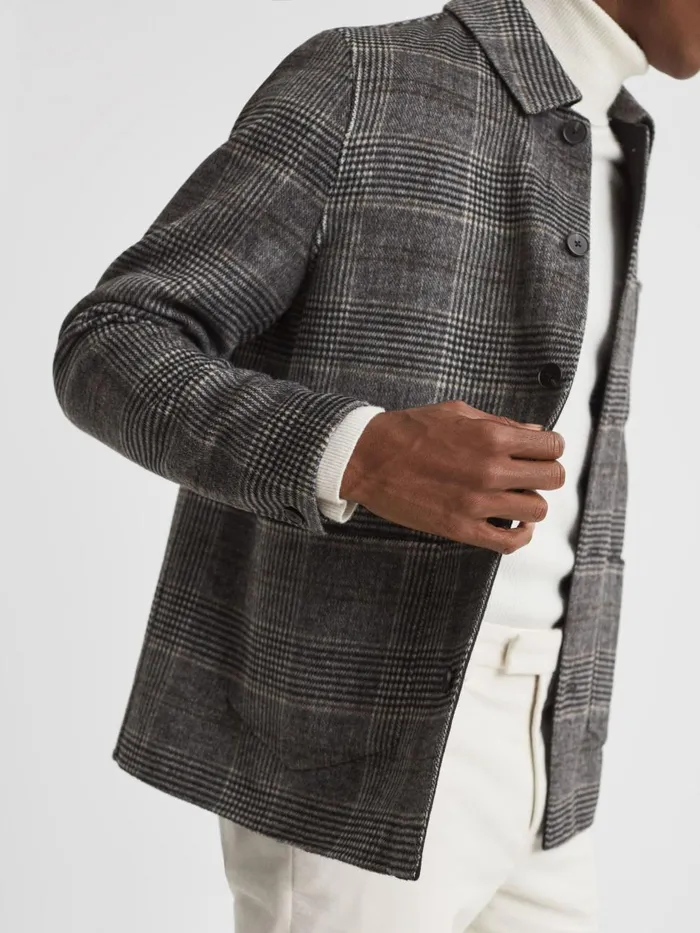 Men Reiss Shirts Covert Wool Blend Check Overshirt Charcoal
