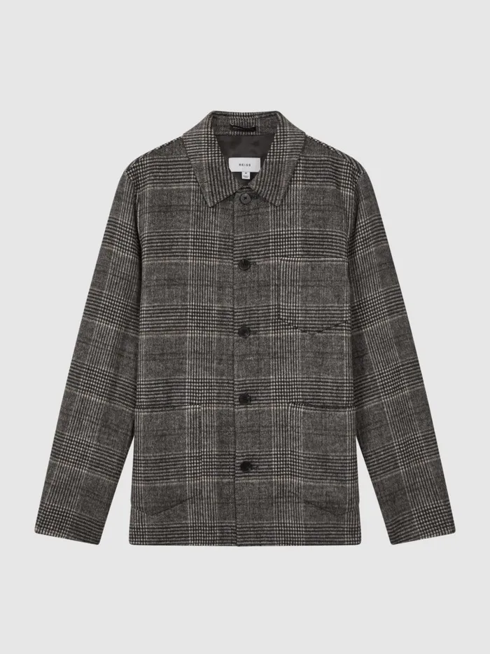 Men Reiss Shirts Covert Wool Blend Check Overshirt Charcoal