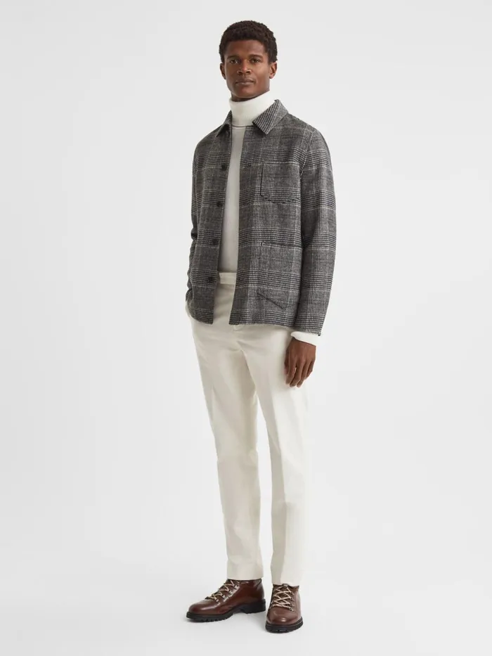 Men Reiss Shirts Covert Wool Blend Check Overshirt Charcoal