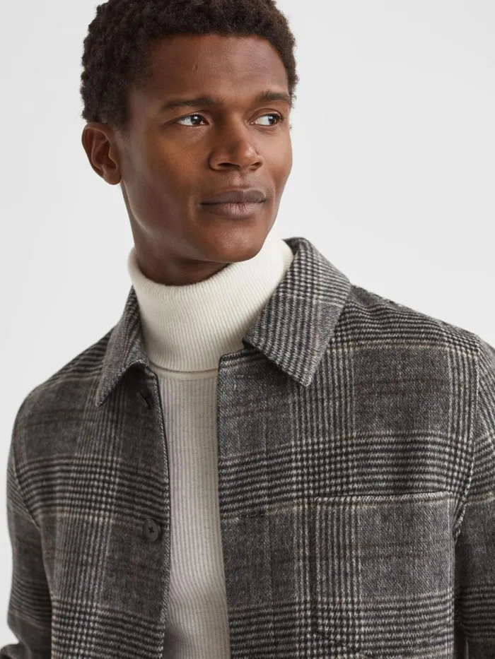 Men Reiss Shirts Covert Wool Blend Check Overshirt Charcoal