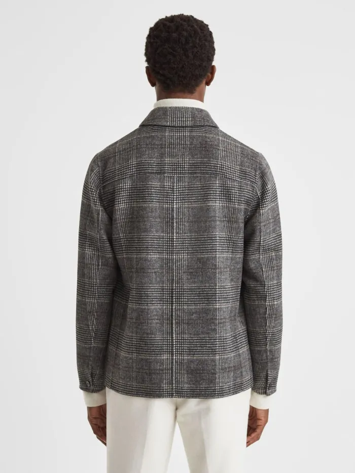 Men Reiss Shirts Covert Wool Blend Check Overshirt Charcoal