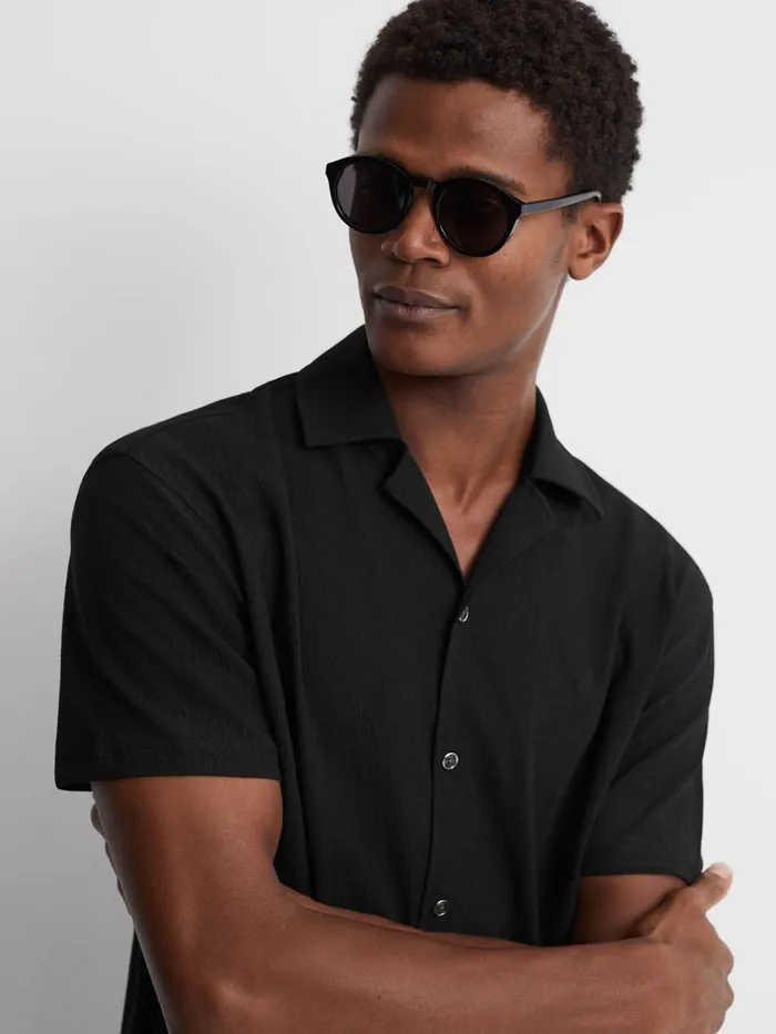 Men Reiss Shirts Hunt Textured Cuban Collar Shirt Black