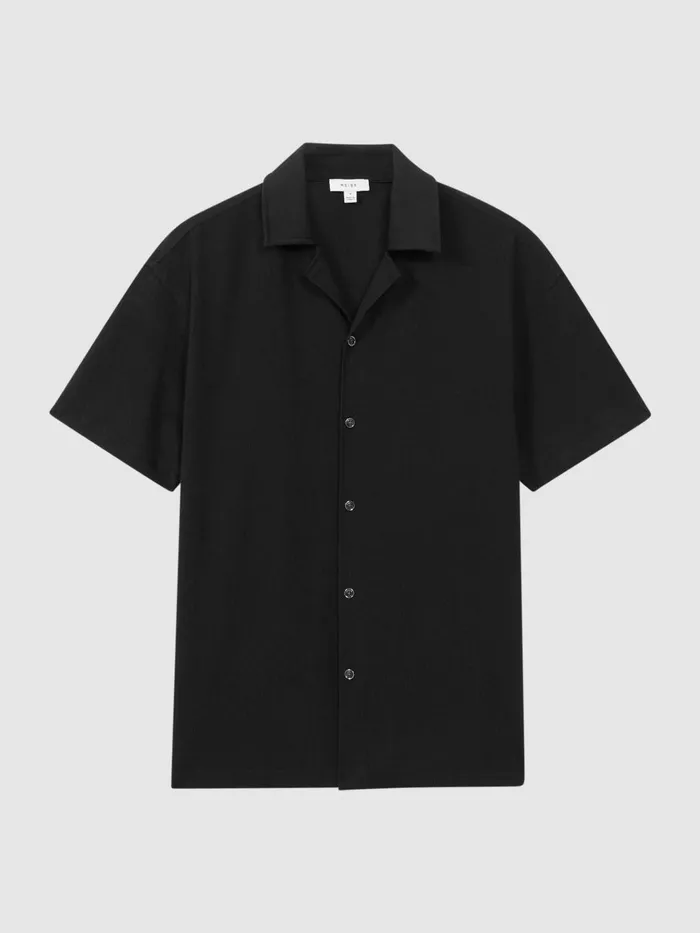 Men Reiss Shirts Hunt Textured Cuban Collar Shirt Black
