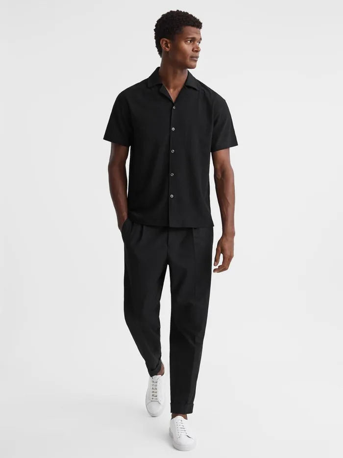 Men Reiss Shirts Hunt Textured Cuban Collar Shirt Black