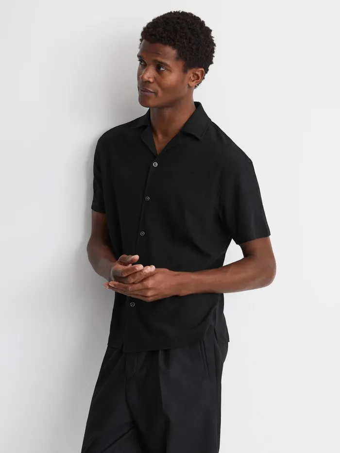 Men Reiss Shirts Hunt Textured Cuban Collar Shirt Black