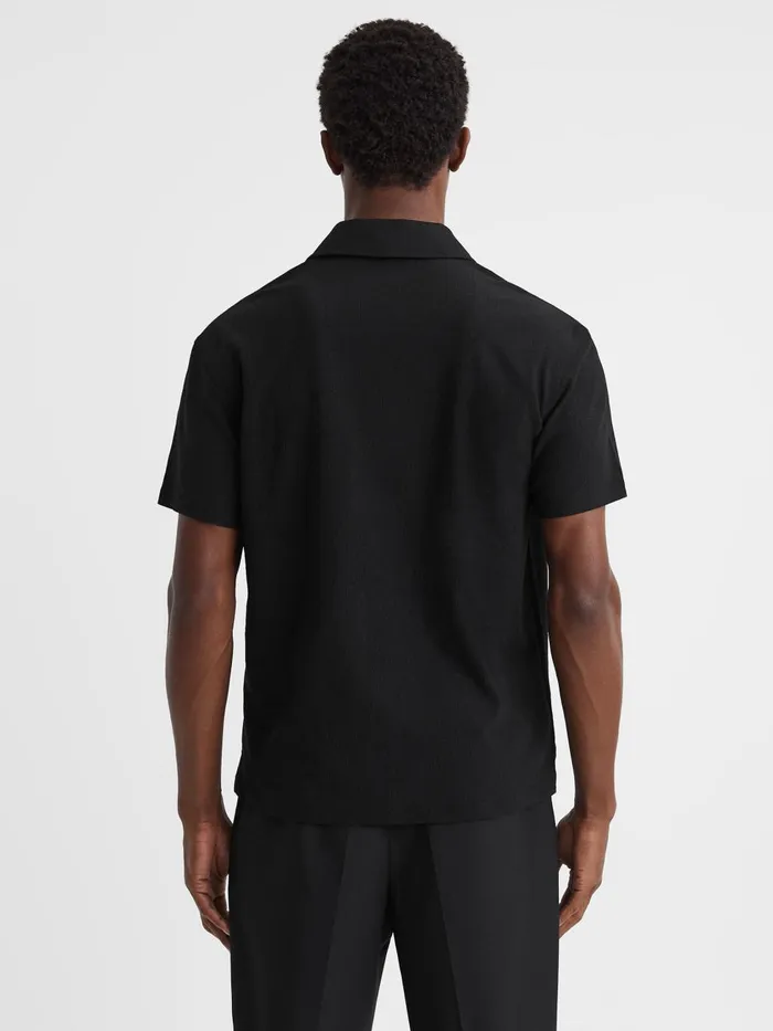 Men Reiss Shirts Hunt Textured Cuban Collar Shirt Black