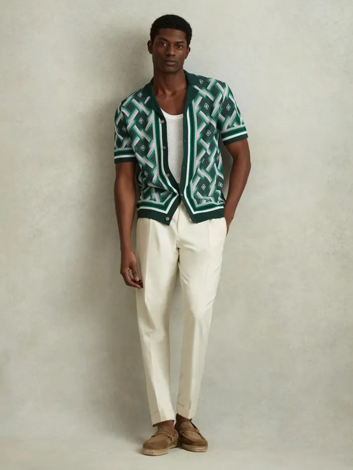 Men Reiss Shirts Hyde Knitted Cuban Collar Shirt Green Multi