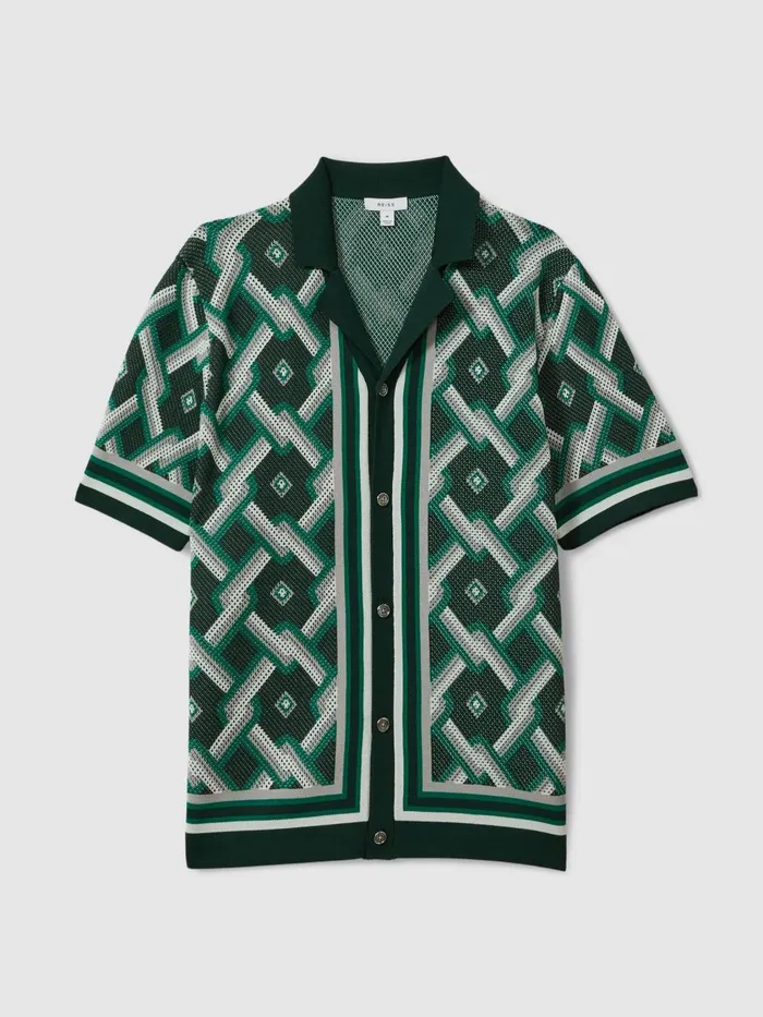 Men Reiss Shirts Hyde Knitted Cuban Collar Shirt Green Multi