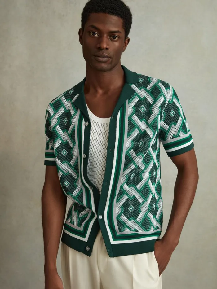 Men Reiss Shirts Hyde Knitted Cuban Collar Shirt Green Multi