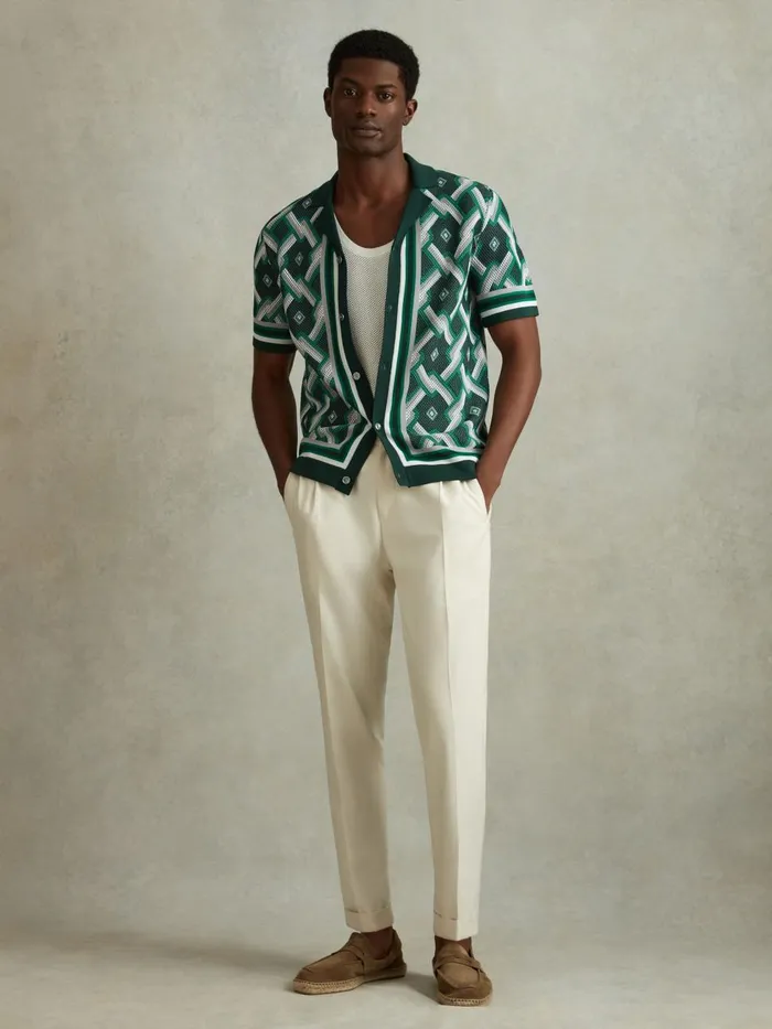 Men Reiss Shirts Hyde Knitted Cuban Collar Shirt Green Multi