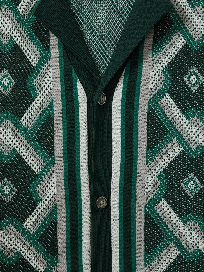Men Reiss Shirts Hyde Knitted Cuban Collar Shirt Green Multi