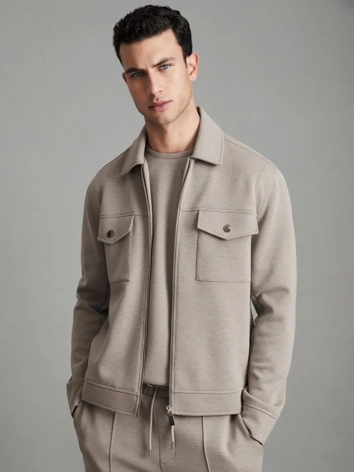 Men Reiss Shirts Jersey ZipThrough Jacket Taupe