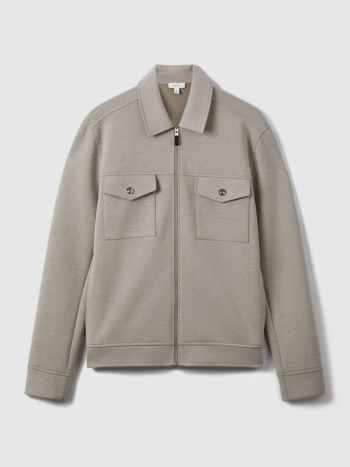 Men Reiss Shirts Jersey ZipThrough Jacket Taupe