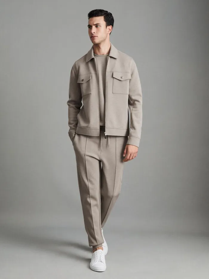Men Reiss Shirts Jersey ZipThrough Jacket Taupe