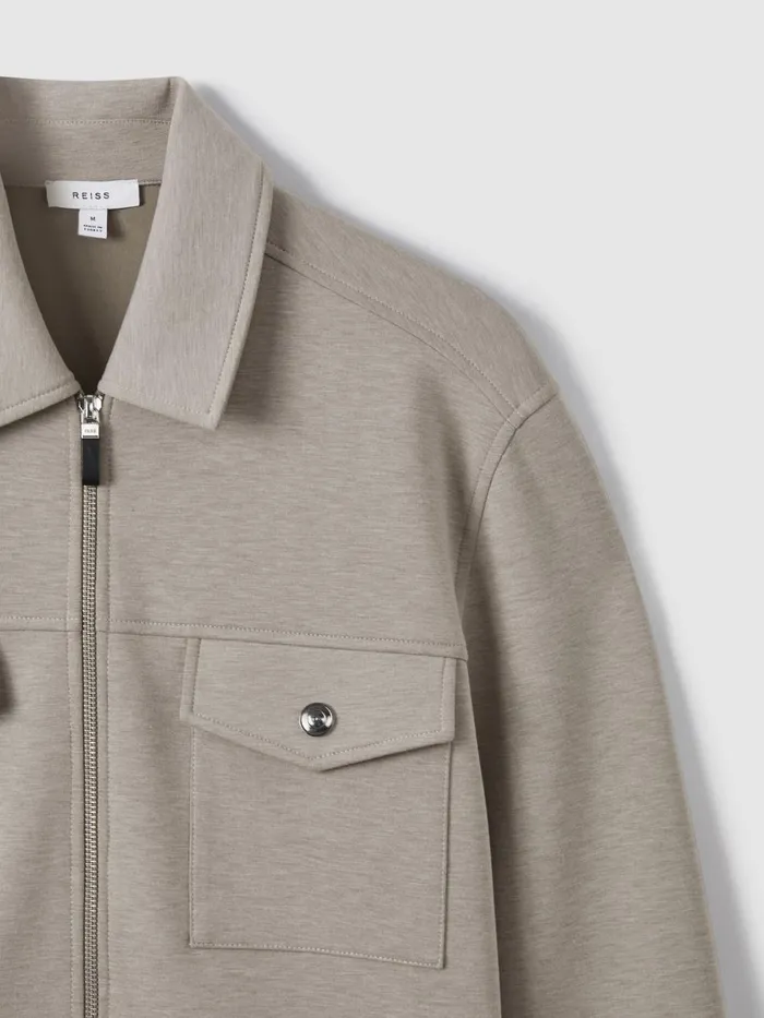 Men Reiss Shirts Jersey ZipThrough Jacket Taupe