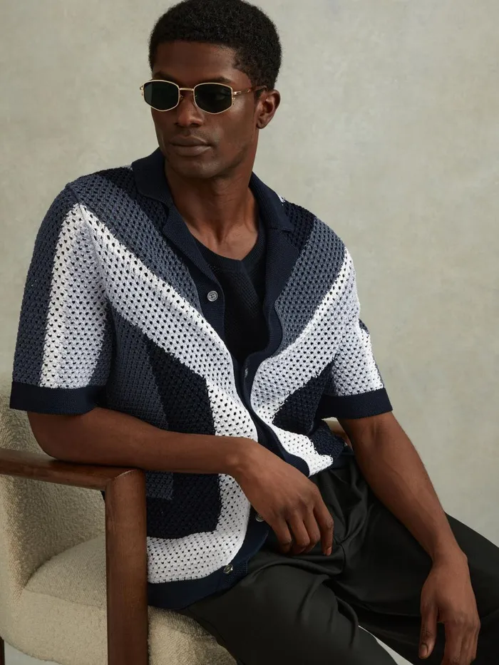 Men Reiss Shirts Panko Cotton Blend Crochet Cuban Collar Shirt Navy Multi