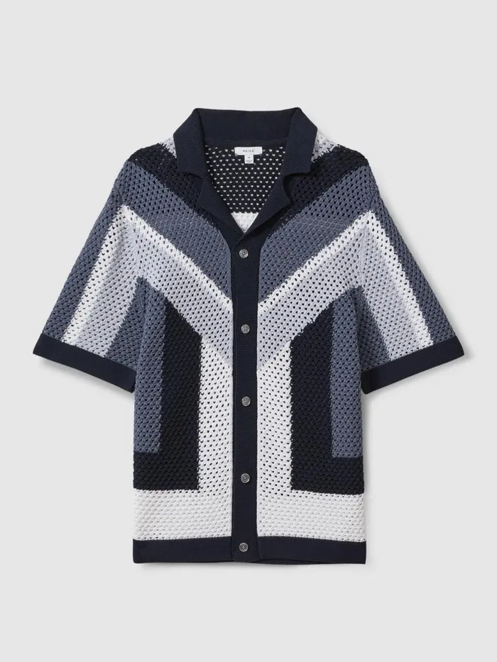Men Reiss Shirts Panko Cotton Blend Crochet Cuban Collar Shirt Navy Multi