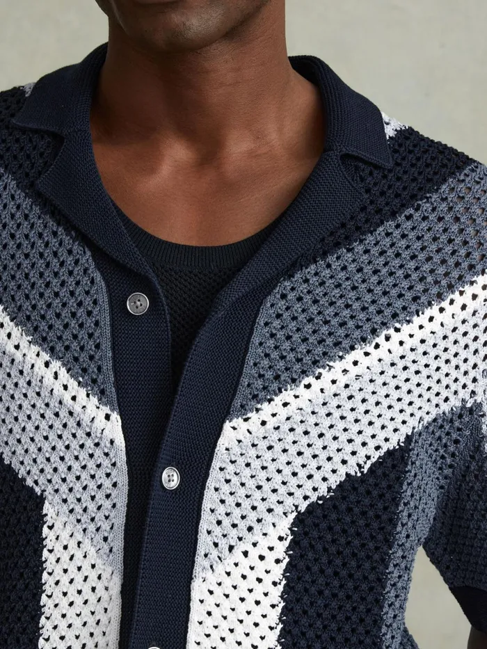 Men Reiss Shirts Panko Cotton Blend Crochet Cuban Collar Shirt Navy Multi