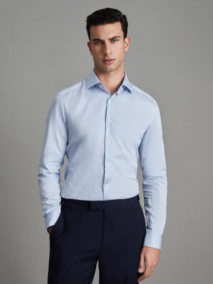 Men Reiss Shirts Remote Bengal Slim Fit Cotton Satin Striped Cutaway Collar Shirt Blue Stripe Men Reiss Shirts Remote Bengal Slim Fit Cotton Satin Striped Cutaway Collar Shirt Blue Stripe