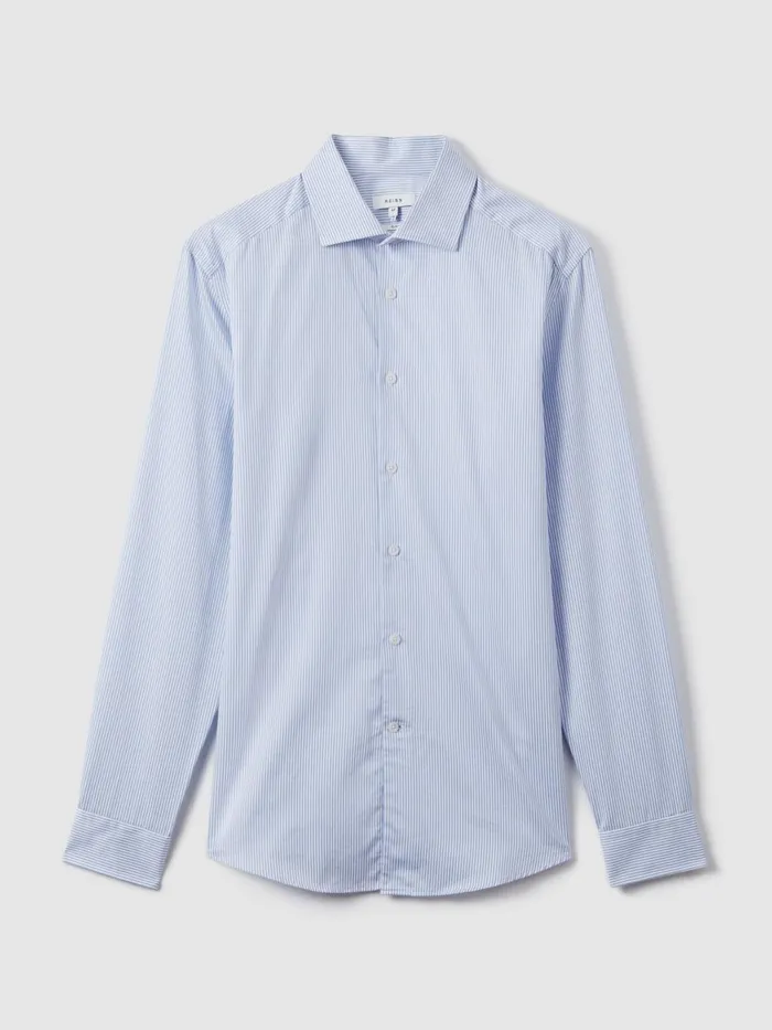 Men Reiss Shirts Remote Bengal Slim Fit Cotton Satin Striped Cutaway Collar Shirt Blue Stripe