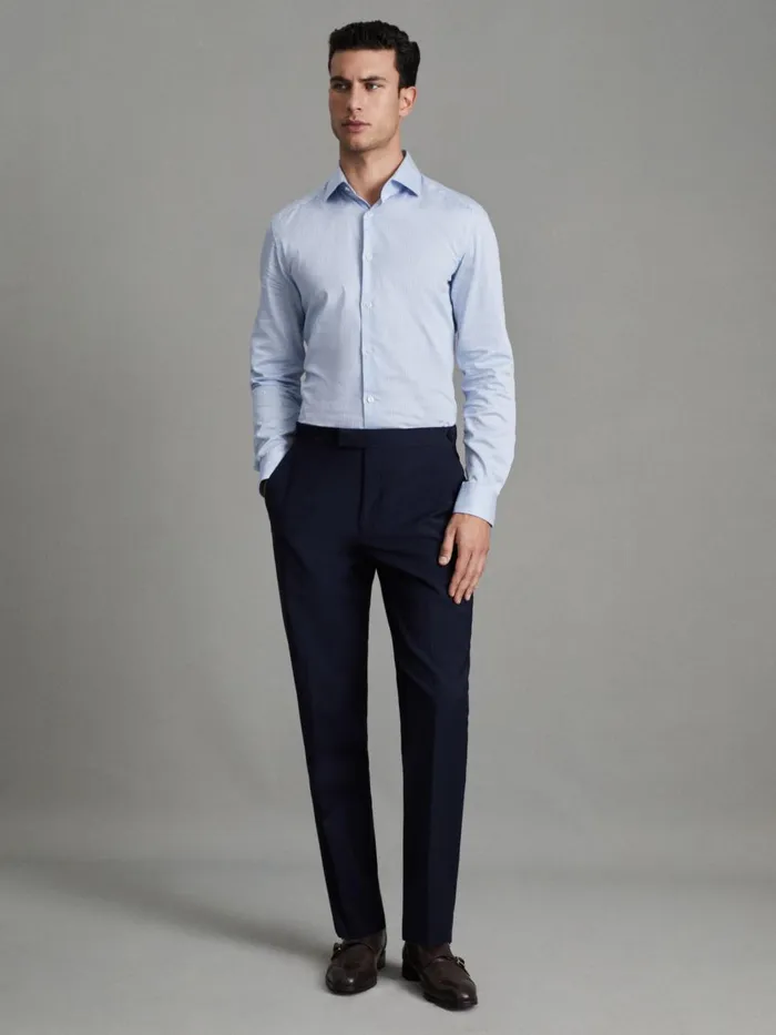 Men Reiss Shirts Remote Bengal Slim Fit Cotton Satin Striped Cutaway Collar Shirt Blue Stripe
