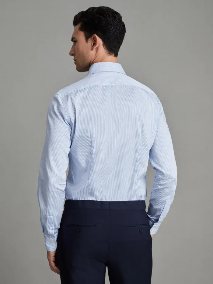 Men Reiss Shirts Remote Bengal Slim Fit Cotton Satin Striped Cutaway Collar Shirt Blue Stripe
