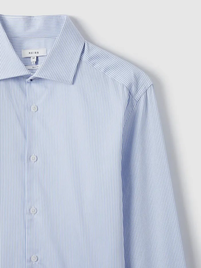 Men Reiss Shirts Remote Bengal Slim Fit Cotton Satin Striped Cutaway Collar Shirt Blue Stripe