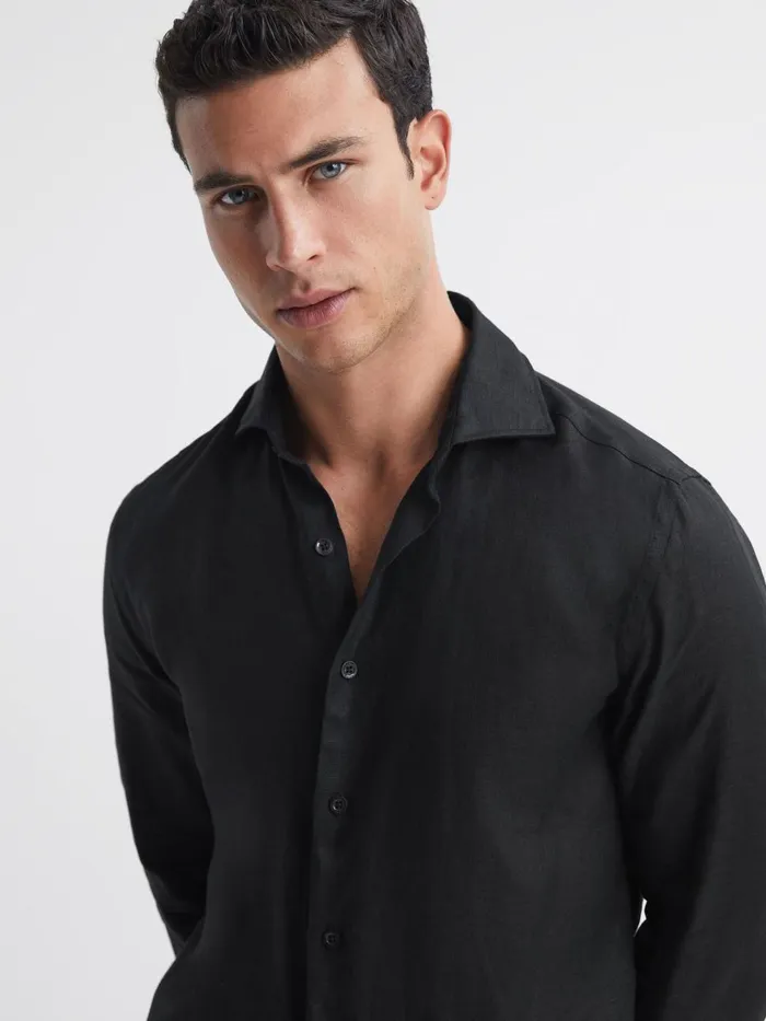Men Reiss Shirts Rex Linen Cutaway Collar Shirt Black