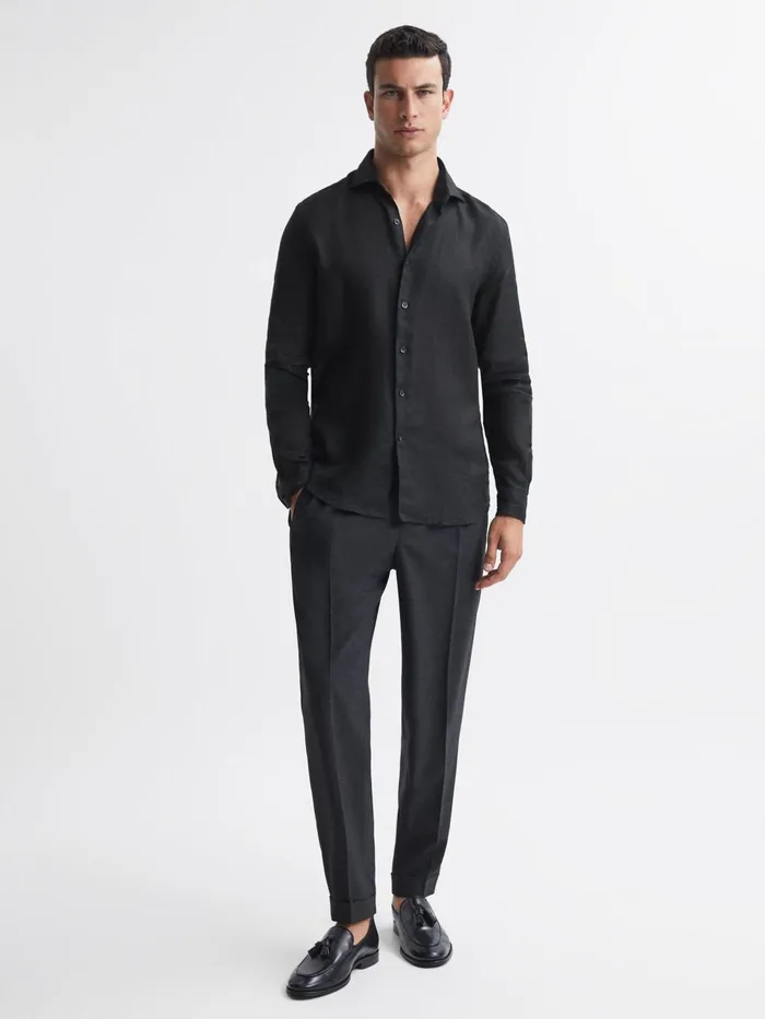 Men Reiss Shirts Rex Linen Cutaway Collar Shirt Black