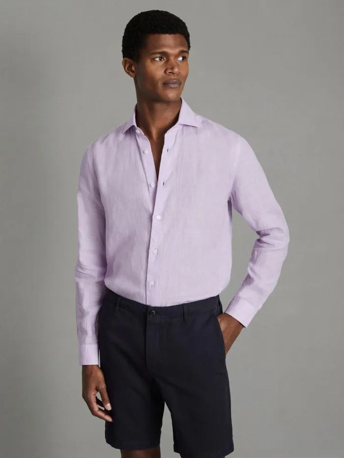 Men Reiss Shirts Ruban Linen Button Through Shirt Orchid