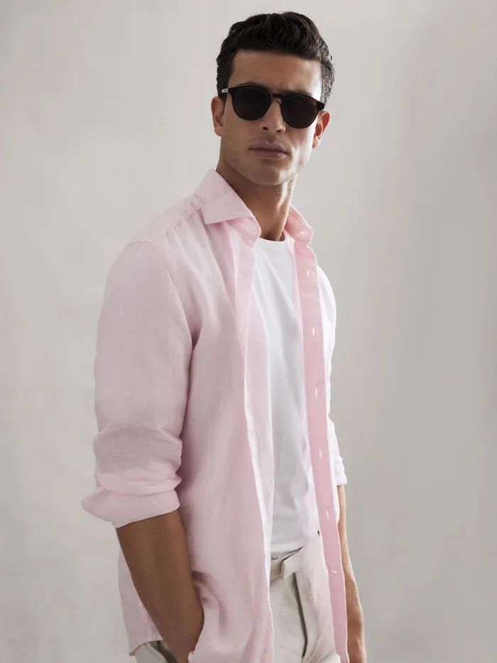 Men Reiss Shirts Ruban Linen ButtonThrough Shirt Soft Pink