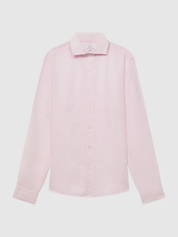 Men Reiss Shirts Ruban Linen ButtonThrough Shirt Soft Pink