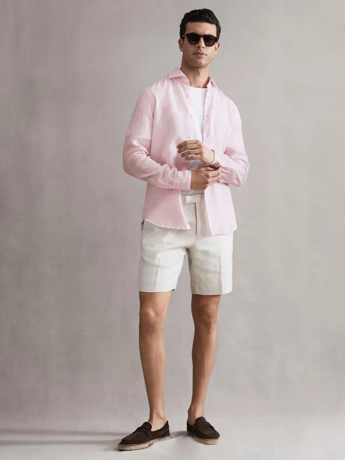 Men Reiss Shirts Ruban Linen ButtonThrough Shirt Soft Pink