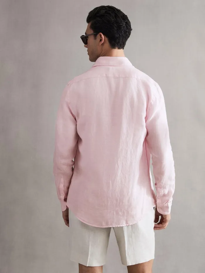 Men Reiss Shirts Ruban Linen ButtonThrough Shirt Soft Pink