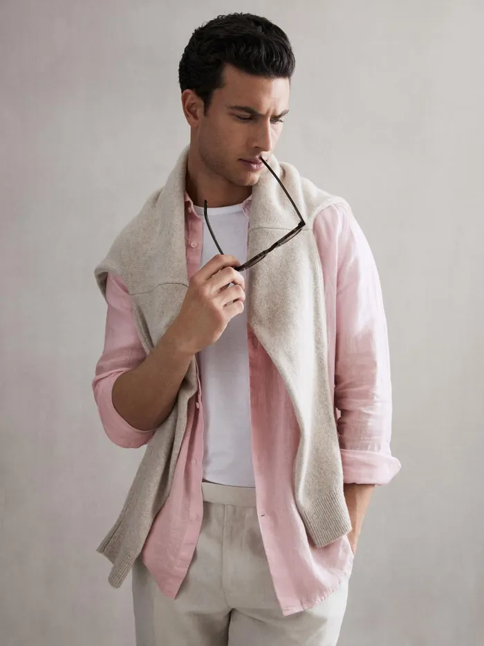 Men Reiss Shirts Ruban Linen ButtonThrough Shirt Soft Pink