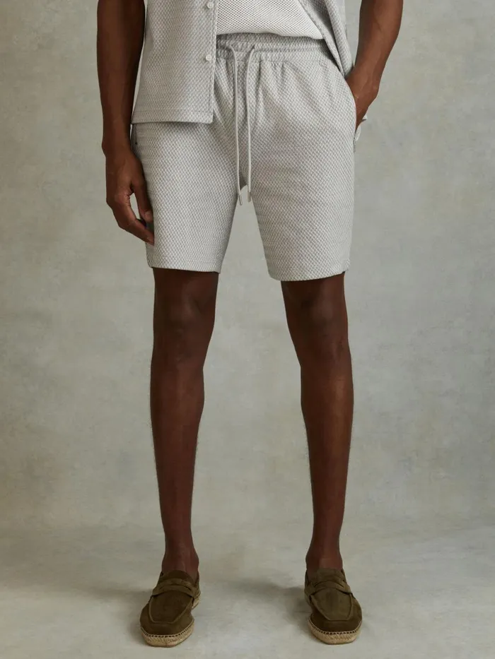Men Reiss Shorts Penbrook Cotton Blend Jacquard Drawstring Shorts Light Grey
