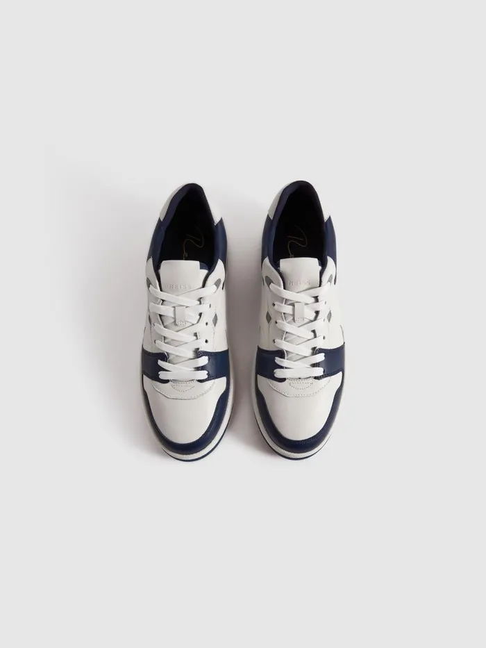 Men Reiss Sneakers Astor Leather LaceUp Trainers Navywhite