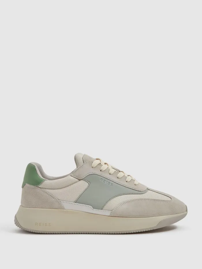 Men Reiss Sneakers Emmett Leather Suede Running Trainers Pistachiowhite