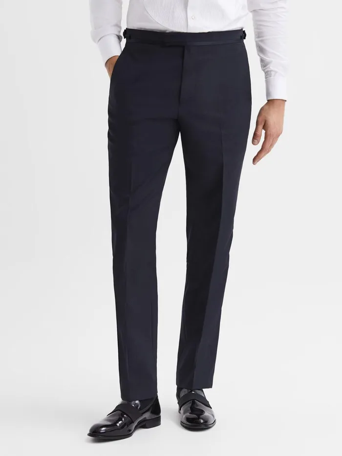 Men Reiss Suits and Tailoring Poker Modern Fit Tuxedo Trousers Navy