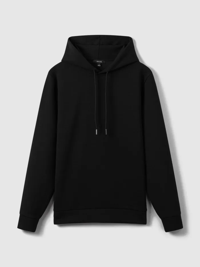 Men Reiss Sweats Hoodies and Joggers Fabien Interlock Jersey Drawstring Hoodie Black