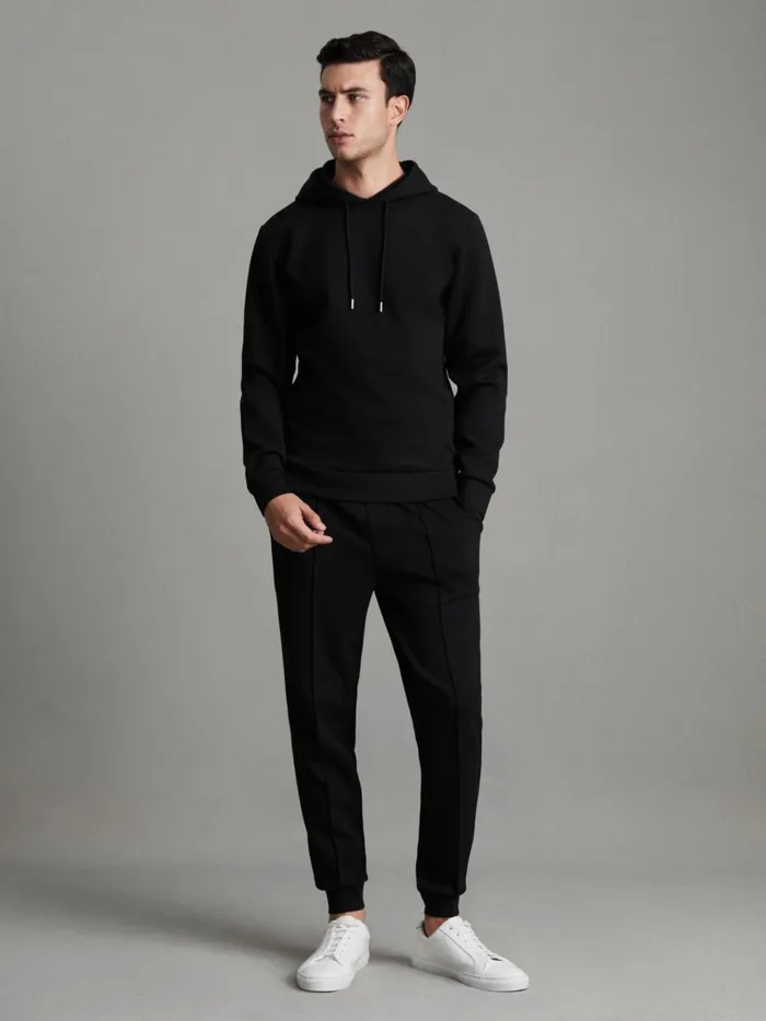 Men Reiss Sweats Hoodies and Joggers Fabien Interlock Jersey Drawstring Hoodie Black