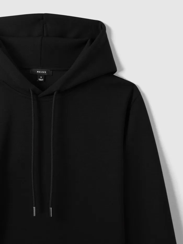 Men Reiss Sweats Hoodies and Joggers Fabien Interlock Jersey Drawstring Hoodie Black