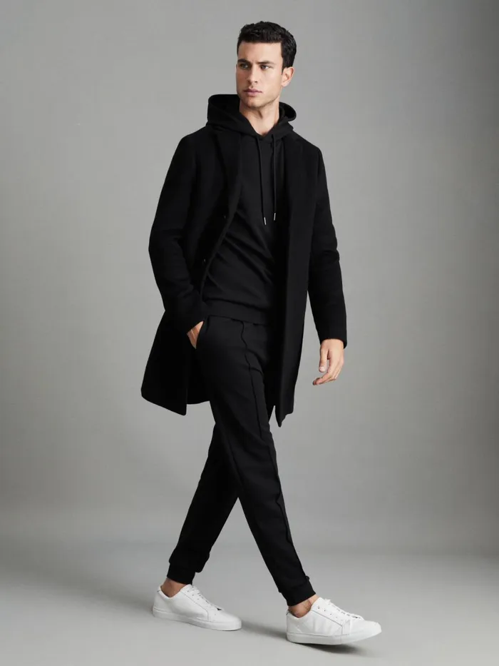 Men Reiss Sweats Hoodies and Joggers Fabien Interlock Jersey Drawstring Hoodie Black