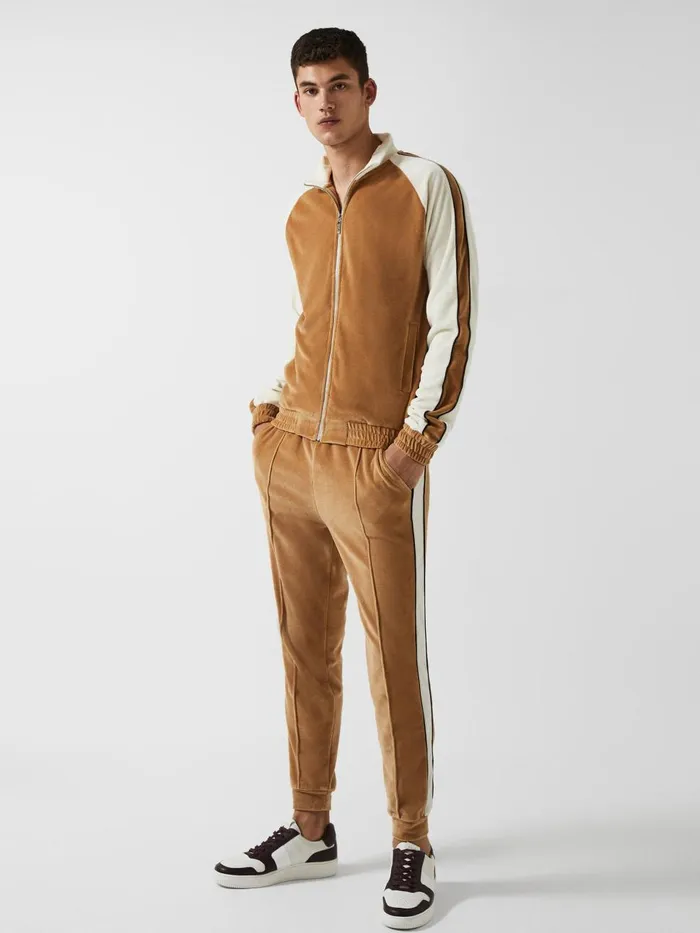 Men Reiss Sweats Hoodies and Joggers Lawrence 8211 Che Velour Contrast Panel Zip Through Jacket Camel