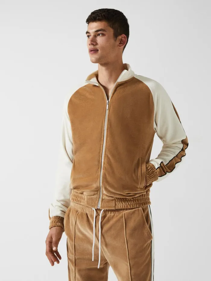 Men Reiss Sweats Hoodies and Joggers Lawrence 8211 Che Velour Contrast Panel Zip Through Jacket Camel