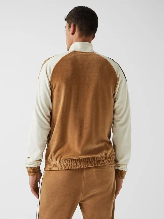 Men Reiss Sweats Hoodies and Joggers Lawrence 8211 Che Velour Contrast Panel Zip Through Jacket Camel