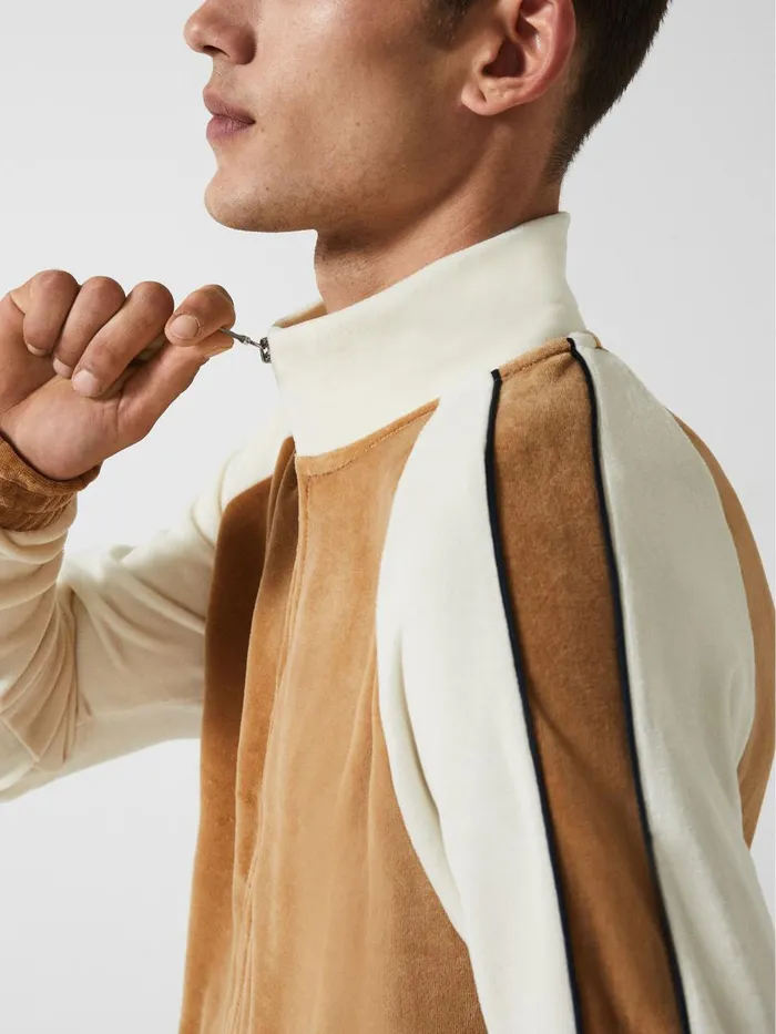 Men Reiss Sweats Hoodies and Joggers Lawrence 8211 Che Velour Contrast Panel Zip Through Jacket Camel