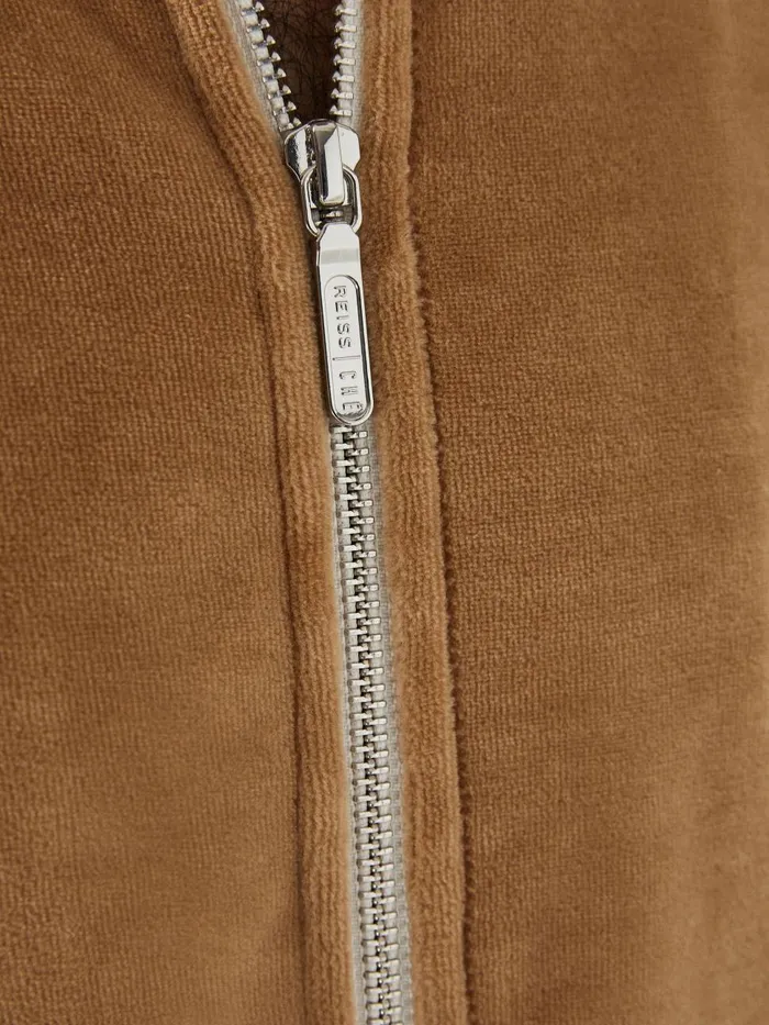 Men Reiss Sweats Hoodies and Joggers Lawrence 8211 Che Velour Contrast Panel Zip Through Jacket Camel